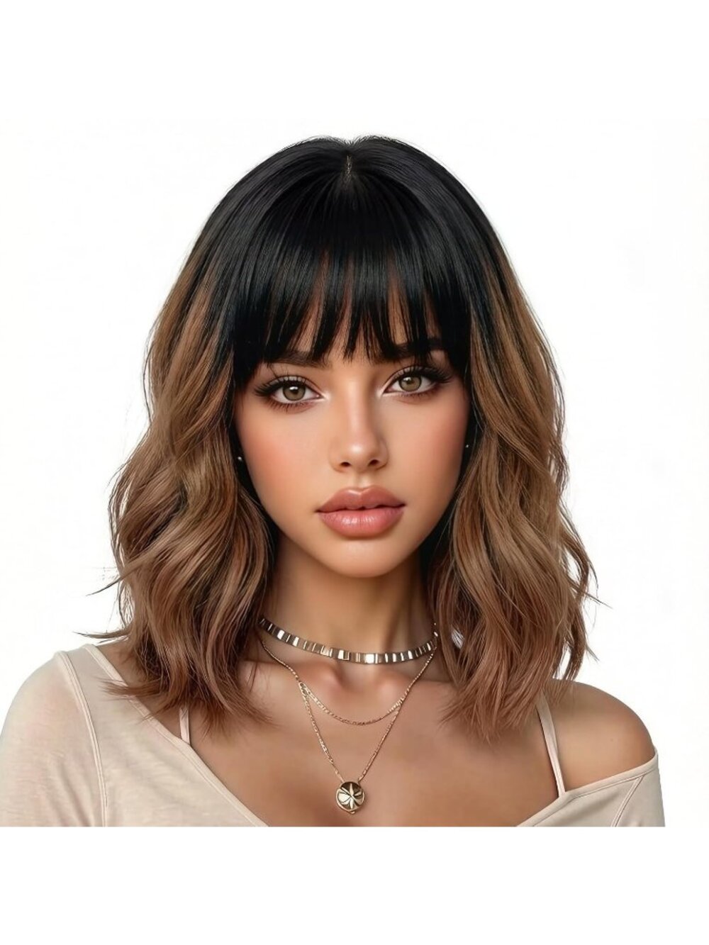 Women's Black Brown Classic 14 Inch Natural Synthetic Short Wavy Curly Bob Wigs